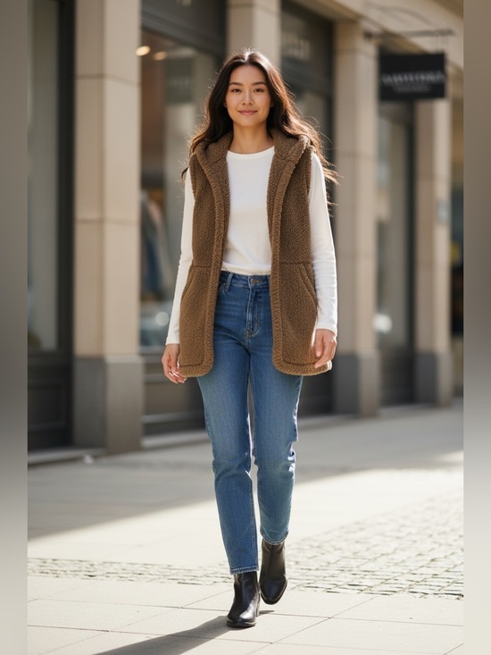 SHEIN Jackets & Blazers - Shein Brown Faux Shearling Teddy Vest Hooded Open Front Small / Size 2